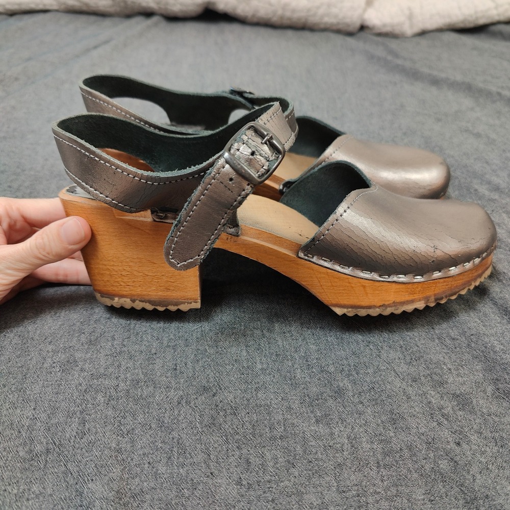 Vollsjo Clogs Womens 40 Pewter Metallic Leather‎ Wooden Ankle Strap Boho Retro - Picture 3 of 12